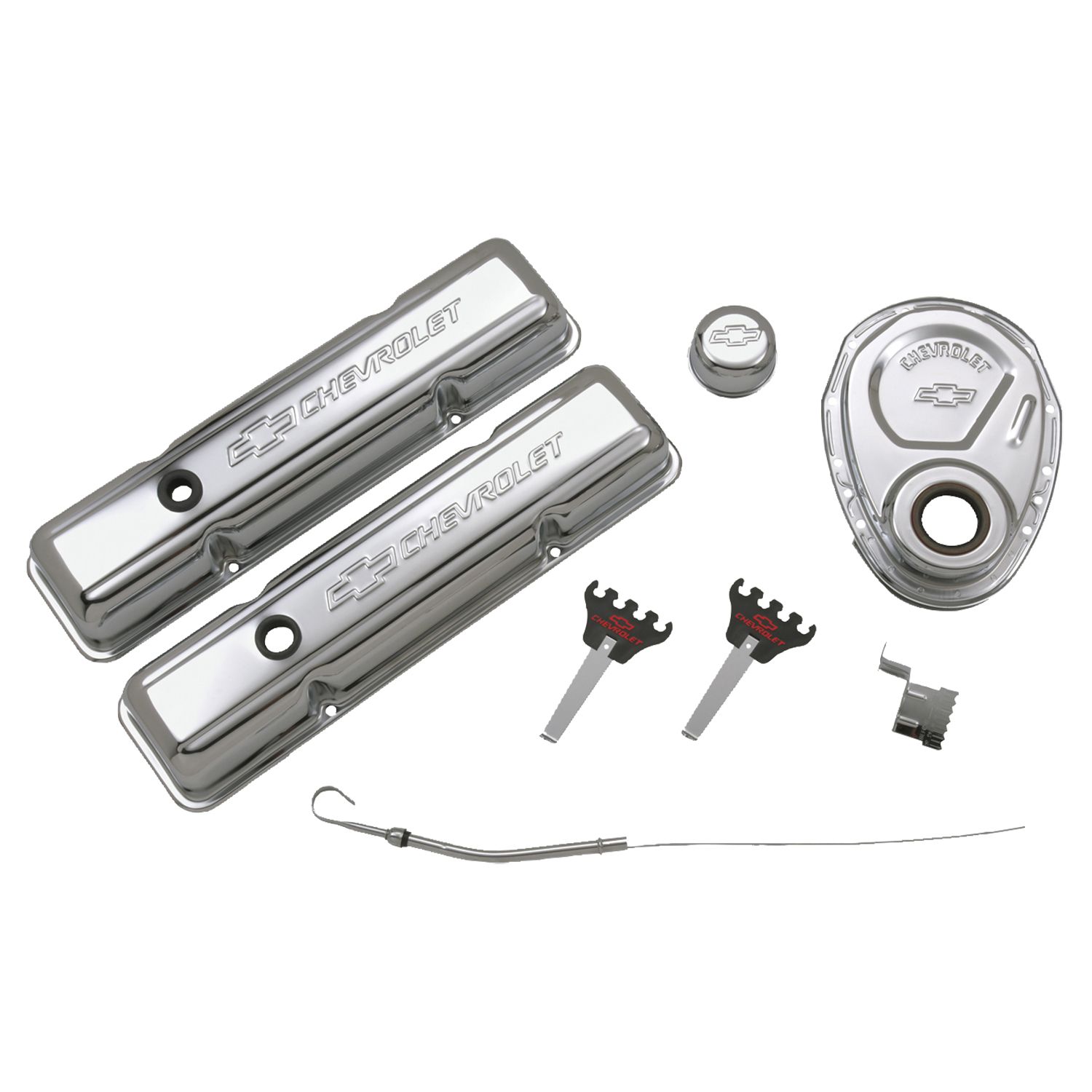 Engine Dress-Up Kit; Chrome with Stamped Chevy Logo; Fits SB Block Chevy Engines 1