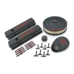 Engine Dress-Up Kit; Black Crinkle Finish; Red Bowtie; Red Letters; For SB Chevy